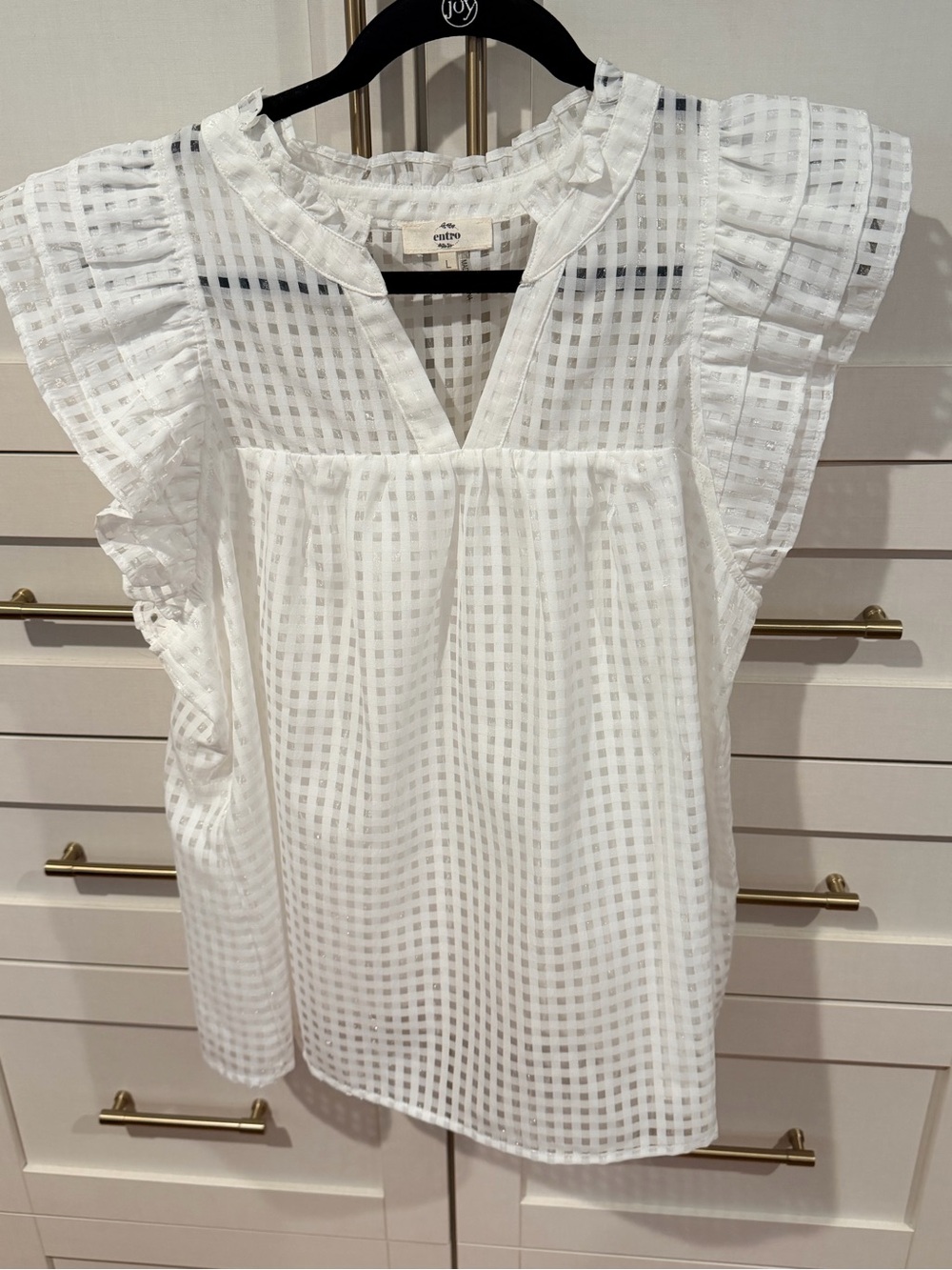 Entro white grid Ruffle sleeve blouse sz L
